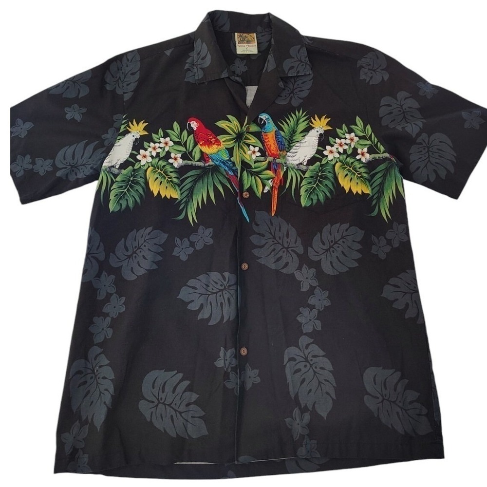 Winnie Fashion Mens Black Cotton Parrot Tropical Hawaiian Aloha Shirt Large